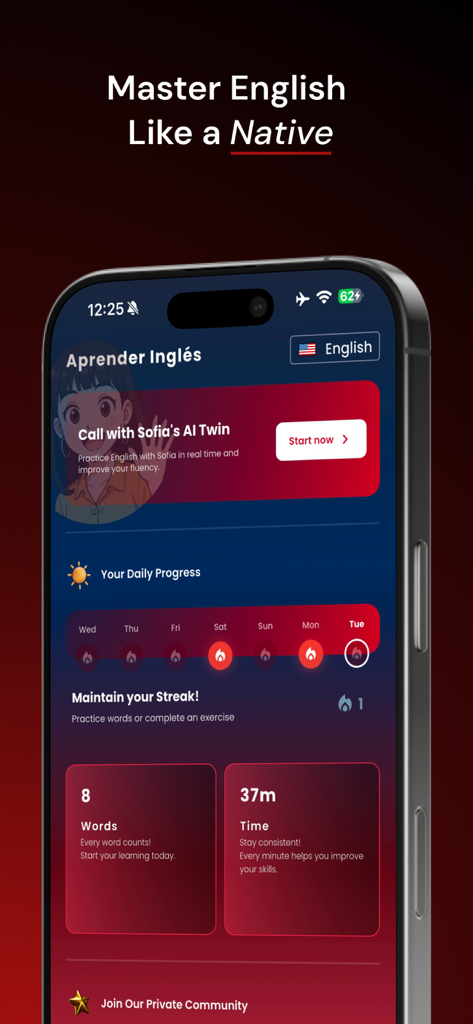 Aprender Inglés in 30 days - Interfaz de la aplicación Aprender Inglés que muestra el progreso diario y las opciones de conversación de IA.