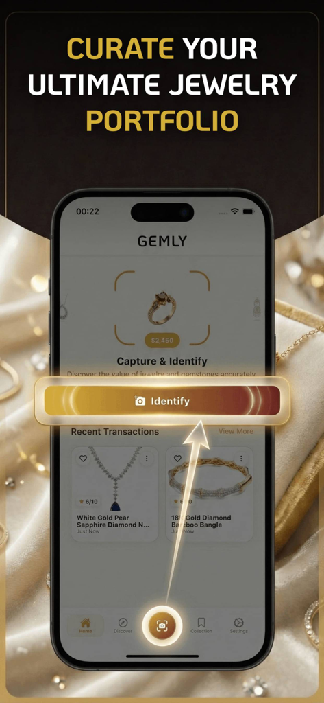 A smartphone screen of the Gemly app displaying features to curate a jewelry portfolio and identify precious items like rings and necklaces.