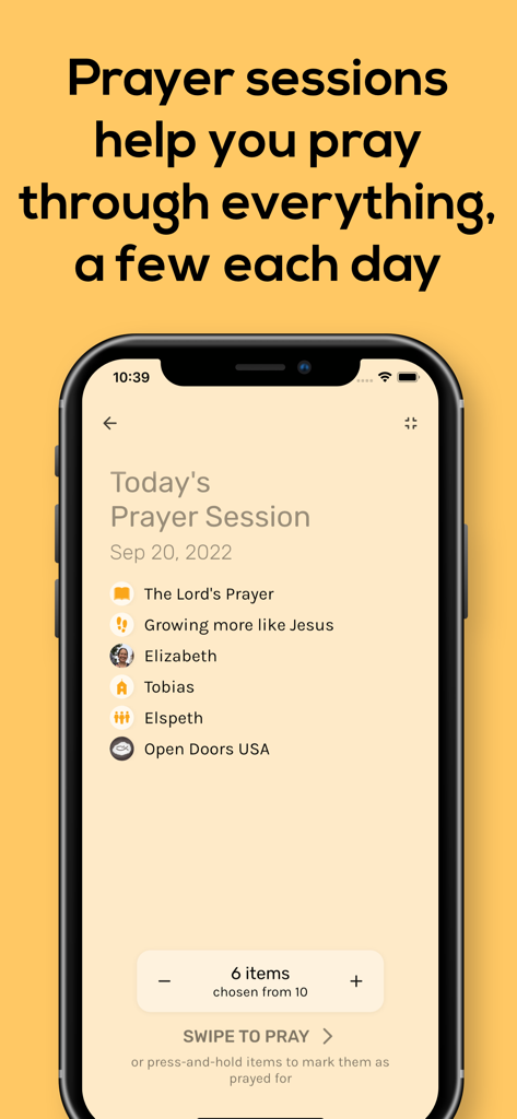 PrayerMate - Christian Prayer - Smartphone screen displaying a daily prayer session with a list of topics in the PrayerMate app