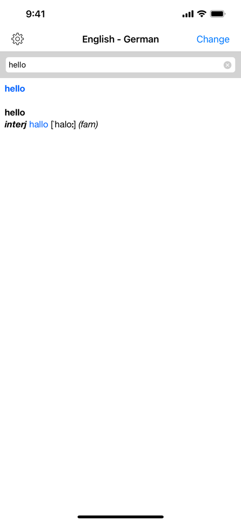 German Dictionary – Translator - Interfaccia del dizionario dall'inglese al tedesco che mostra la traduzione e la pronuncia della parola ciao