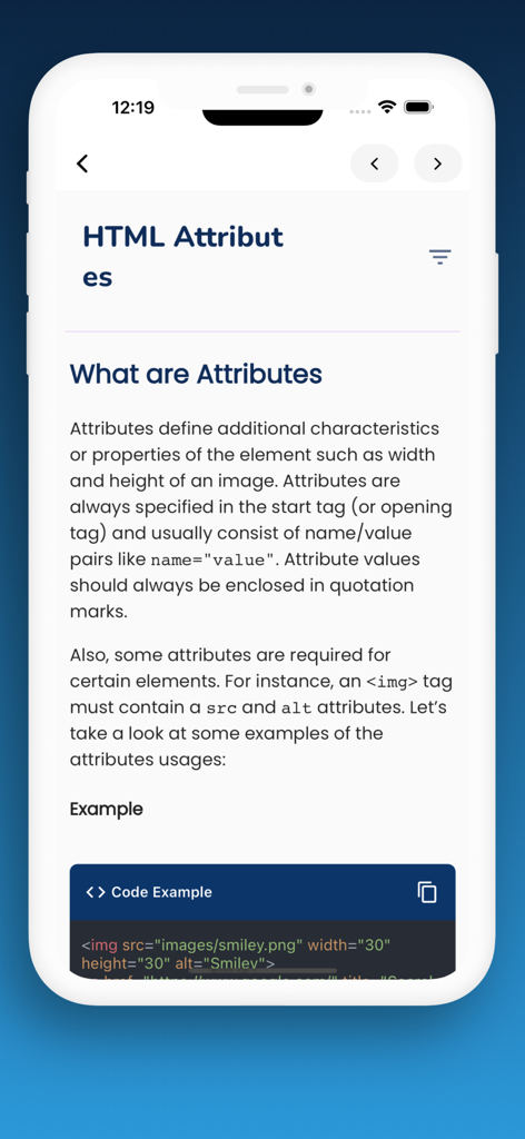 HTML-Attribute-Lektion mit einem Codebeispiel in der Web Development Bootcamp App.