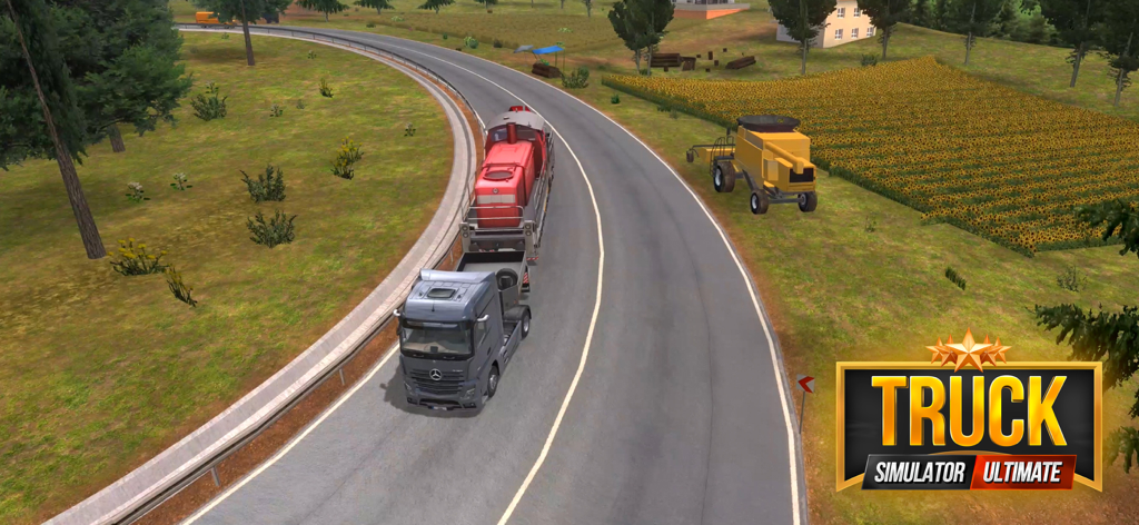 Un camión Mercedes transportando una locomotora roja por una carretera rural sinuosa en Truck Simulator Ultimate