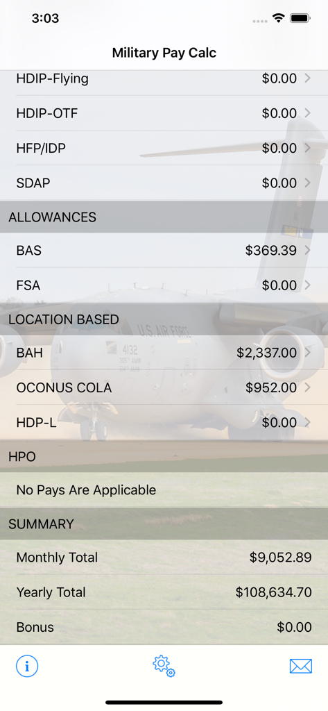 Monthly and yearly earnings summary screen in the Military Pay Calc app showing allowances and location based pay