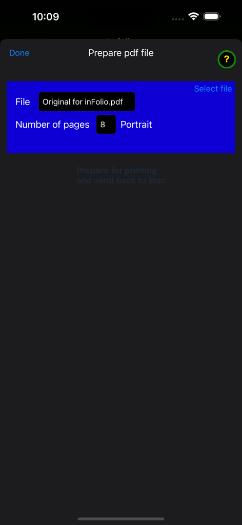 Interface of In Folio app for preparing a PDF file for booklet printing showing file name and page count