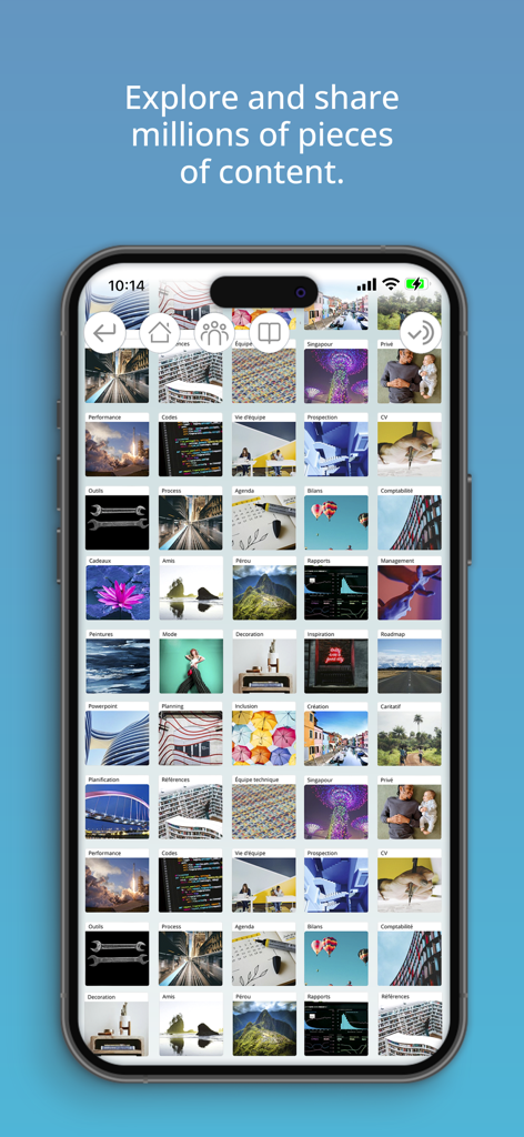 Pearltrees - iPhone screen displaying the Pearltrees app interface with a grid of organized visual content collections