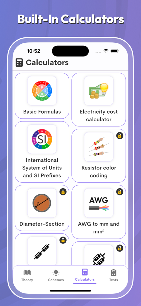 Electrical Tools & Reference - Interface do aplicativo Ferramentas Elétricas mostrando várias calculadoras integradas para fórmulas, códigos de resistores e conversões AWG.