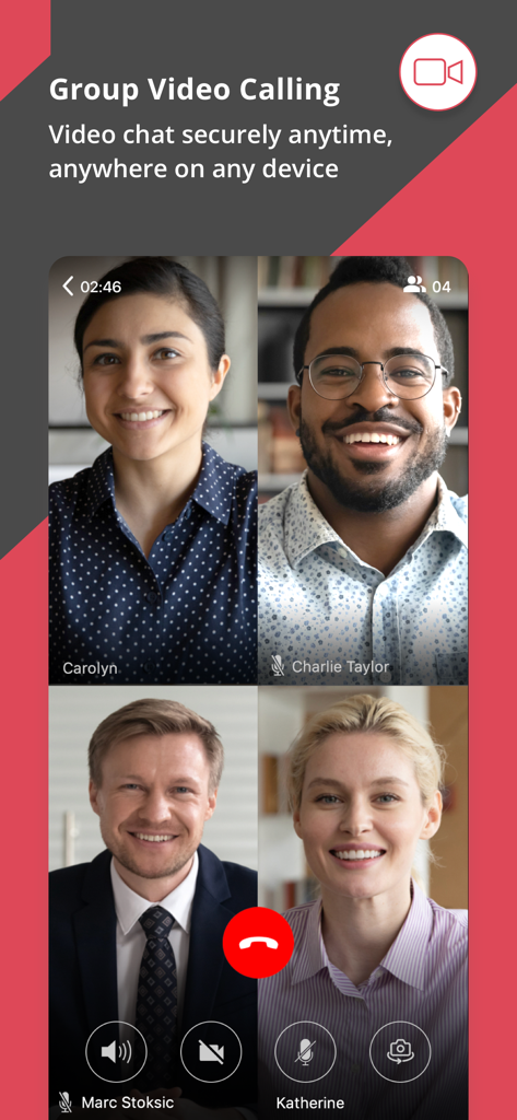 NetSfere Secure Messaging - NetSfere app interface showing a secure group video conference with four professionals