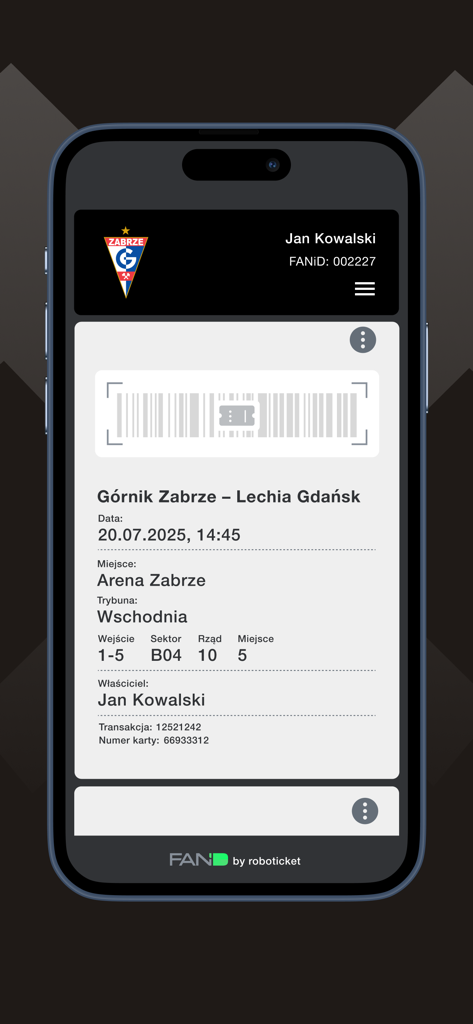Ingresso digital para o jogo Gornik Zabrze contra Lechia Gdansk com código de barras e detalhes do assento