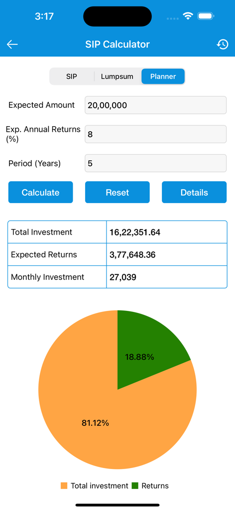 SIP Calculator app interface showing investment planner results with a pie chart