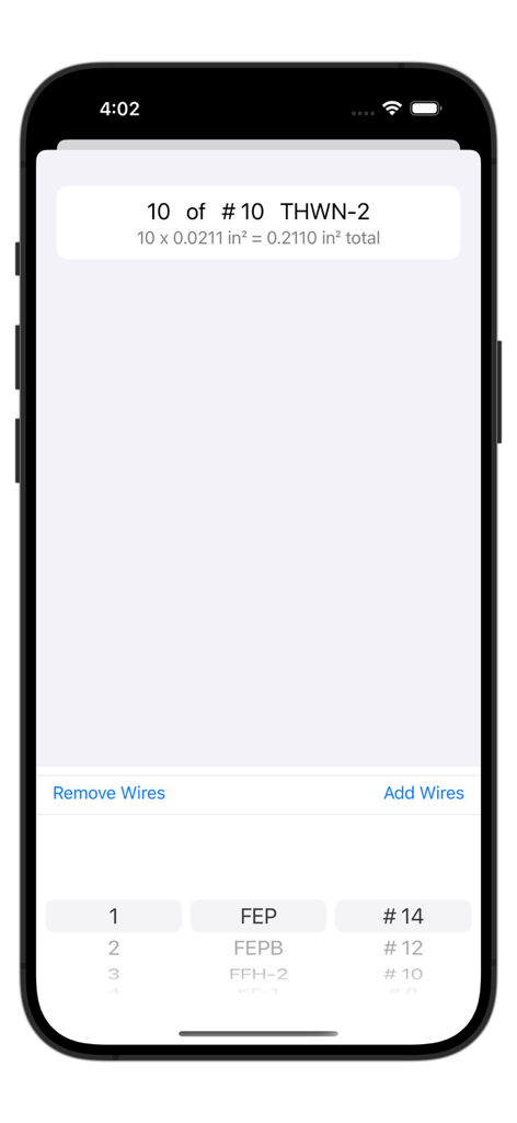 Pipe N Wire app interface for selecting electrical wire type gauge and quantity for NEC conduit fill calculations