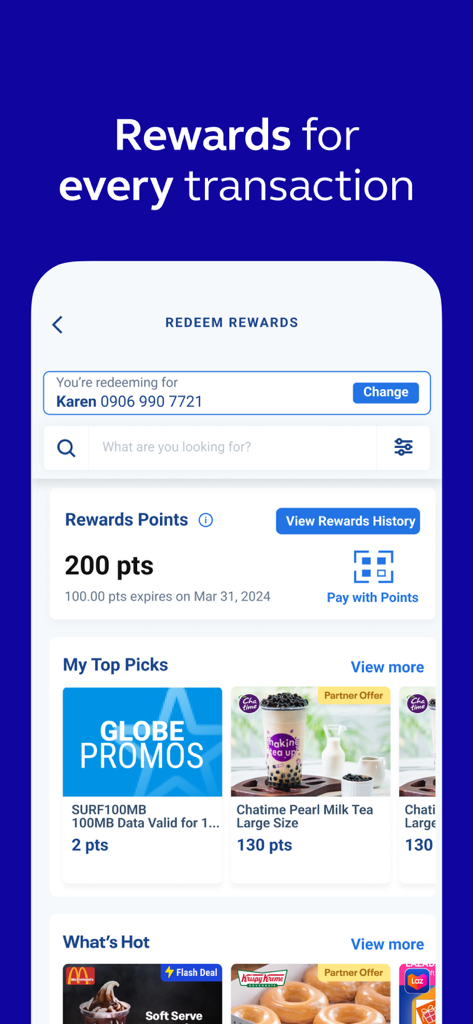 Interface of the GlobeOne app showing the redeem rewards section with a points balance and available vouchers for food and data promos.