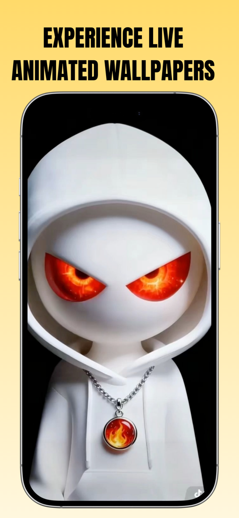 Silly Smiles 4K Live - Smartphone screen showing a live animated wallpaper of a character with glowing red eyes in a white hoodie