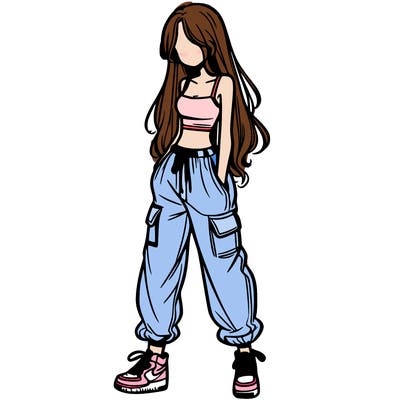 girl in baggy pants crop top and long hair
