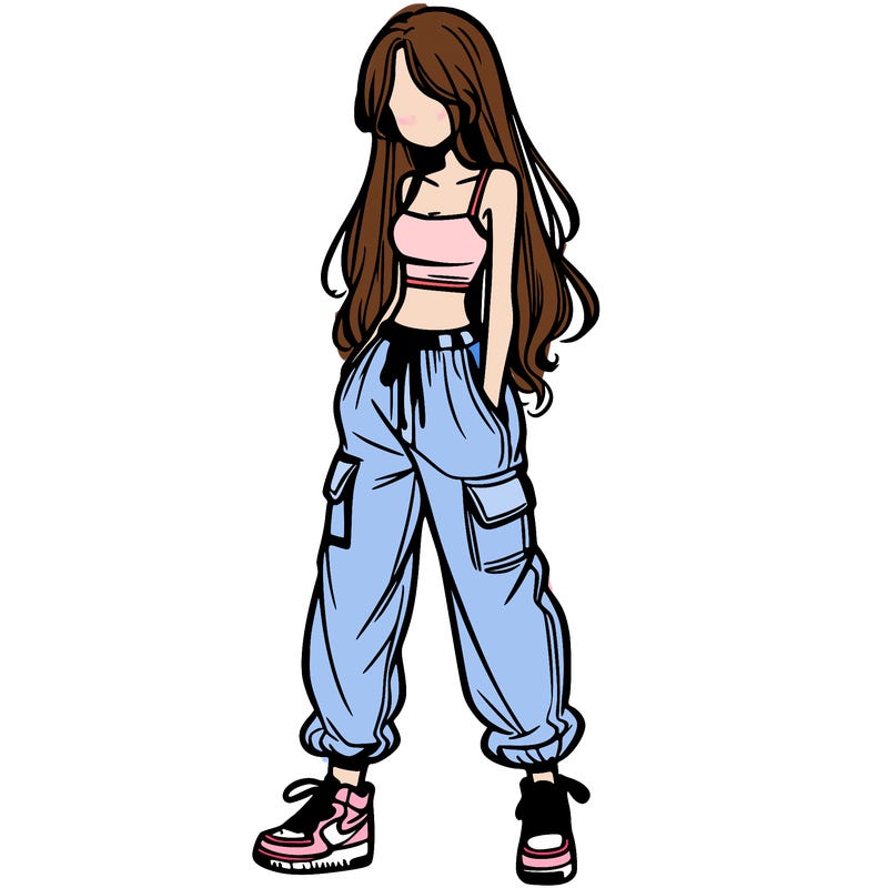 girl in baggy pants crop top and long hair