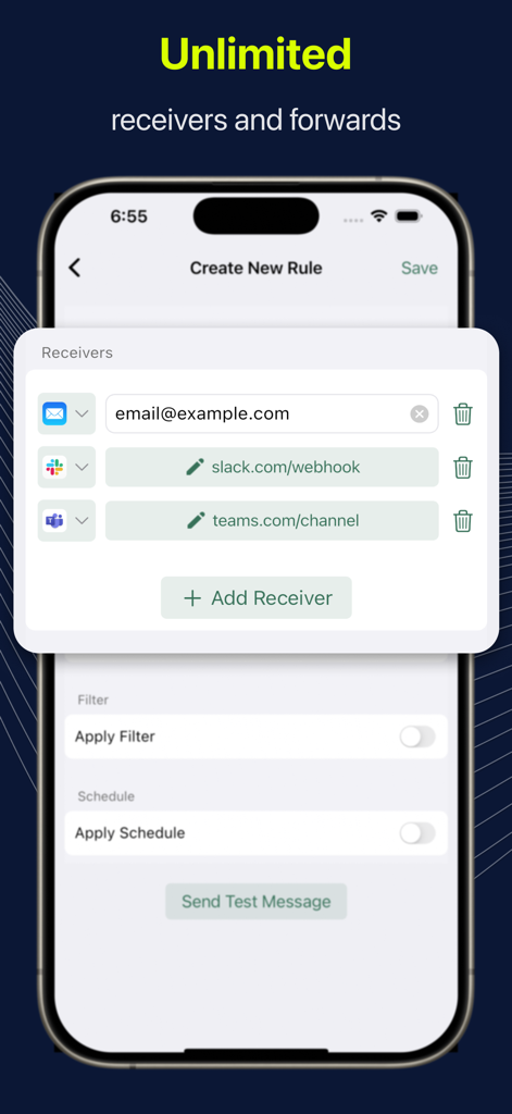 Interface for adding multiple SMS forwarding recipients including email Slack and Teams