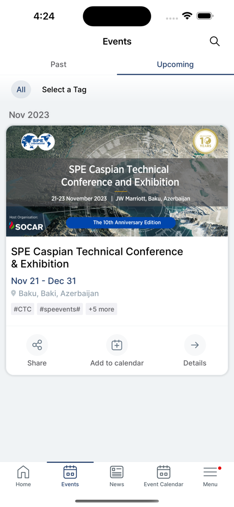 SPE International - App mobile SPE International che mostra i prossimi eventi di conferenze ed esposizioni tecniche