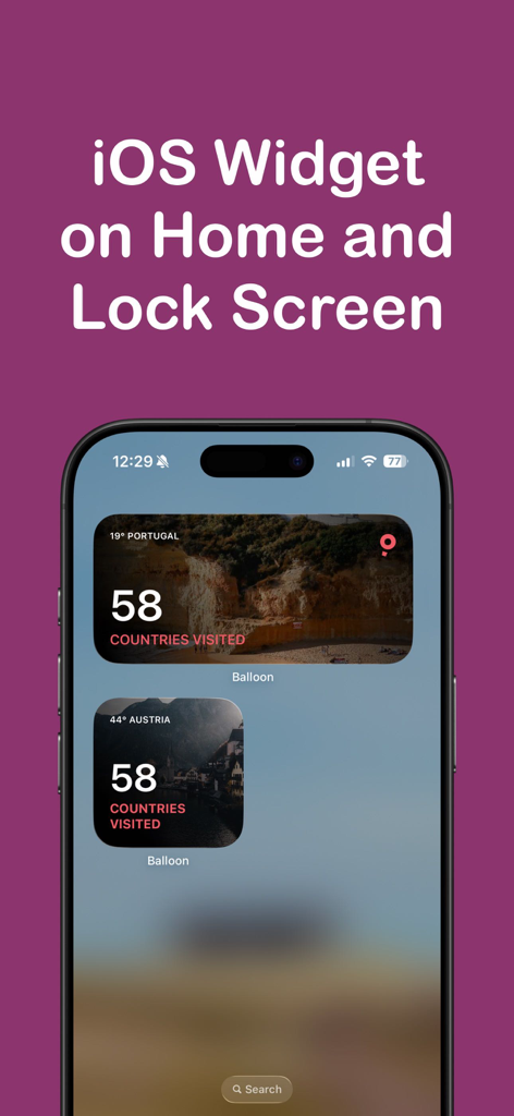 Balloon Been: Visited Map - Una pantalla de inicio de iPhone con widgets de viaje de Balloon Been que muestran recuentos de países visitados y fotos de destinos.