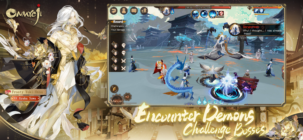 Una batalla estratégica contra un jefe en Onmyoji con el personaje Yuki Onna Escarcha en un entorno tradicional japonés.