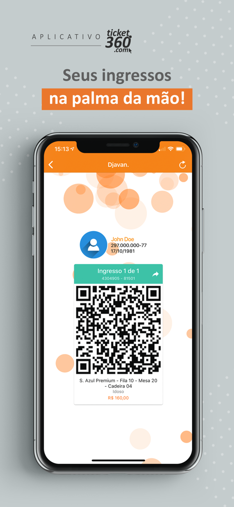 Ticket360 - Smartphone screen showing a digital concert ticket with a QR code inside the Ticket360 app.