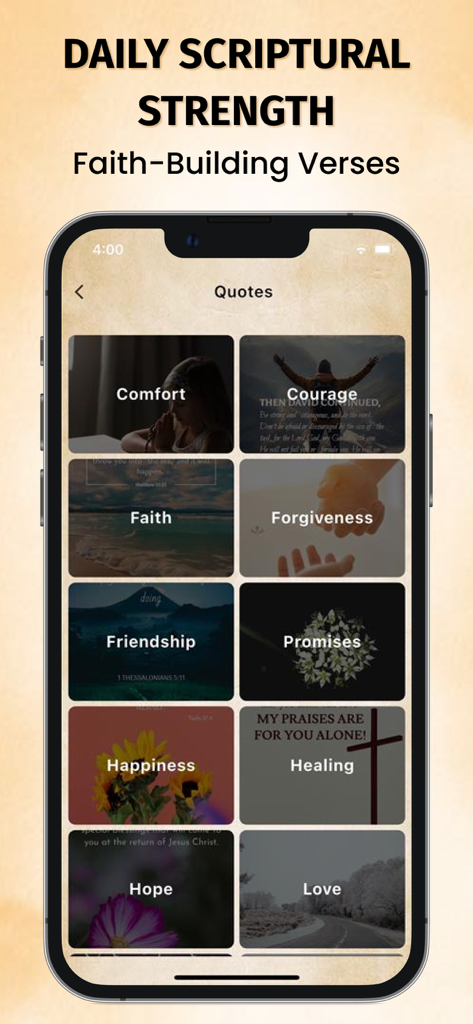 Scofield Reference Bible KJV - Ein mobiler Bildschirm der Scofield Reference Bible App, der glaubensfördernde Verskategorien wie Trost, Mut und Glaube zeigt