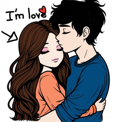 a realistic couple boy and girl hugging and kissing
