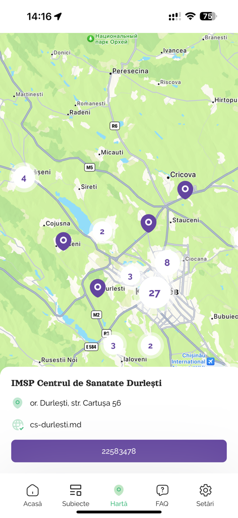 Map view in the YK app showing locations of public health institutions and contact details for a local health center