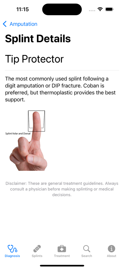 Pantalla de la aplicación Hand Therapy Rx que muestra detalles de férulas y guías clínicas para un protector de punta de dedo.