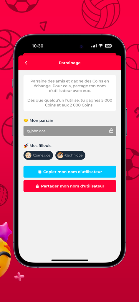 BET4FREE app referral screen showing coin rewards for inviting friends and sharing a username.
