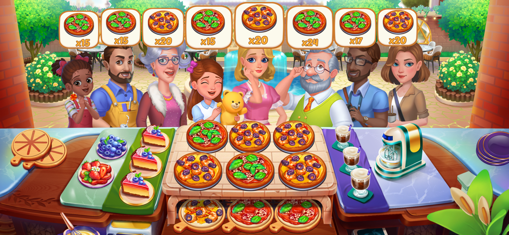 Chef Holiday 요리 게임에서 피자와 디저트를 주문하는 다양한 캐릭터들