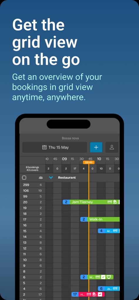 ResDiary Plus mobile app interface showing a restaurant reservation grid view