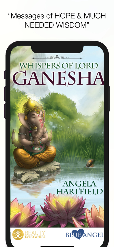Whispers of Lord Ganesha - Intro screen of the Whispers of Lord Ganesha app showing Ganesha meditating by a lotus pond.