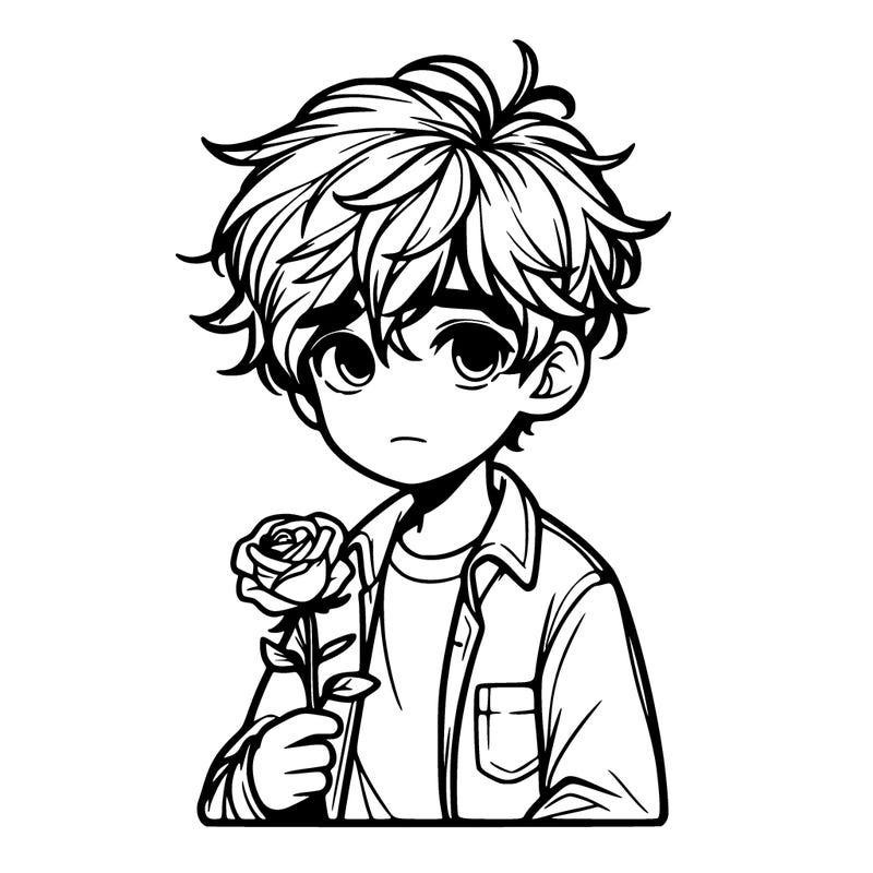 realistic boy with short messy hair holding a rose