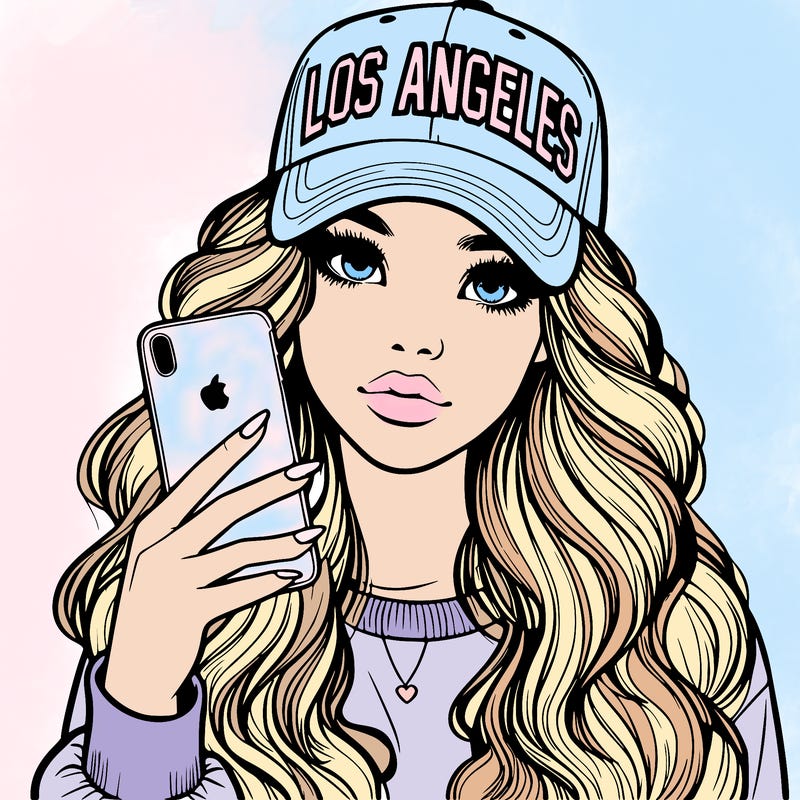 realistic beautiful girl wearing los ángeles cap holding an iphone