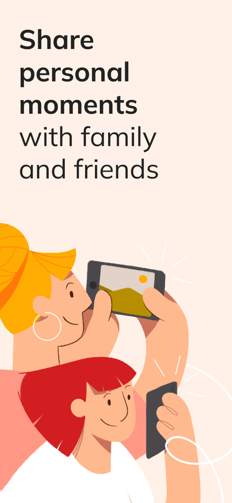 celebrate: share photo & video - Un'illustrazione di due persone che scattano foto sui loro smartphone con testo che dice condividi momenti personali con familiari e amici