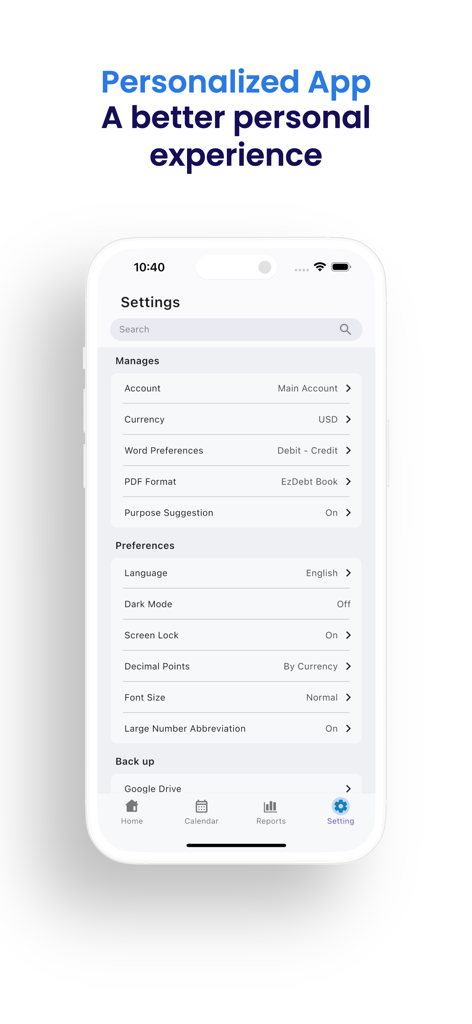 Página de configuración de EzDebt Book mostrando opciones de personalización de moneda e idioma