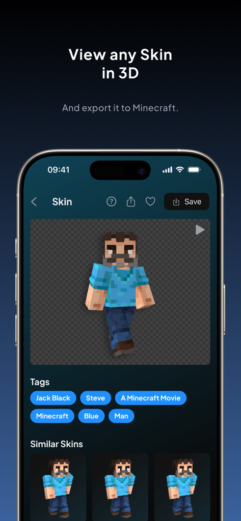 3D view of a Minecraft character skin with export and save options