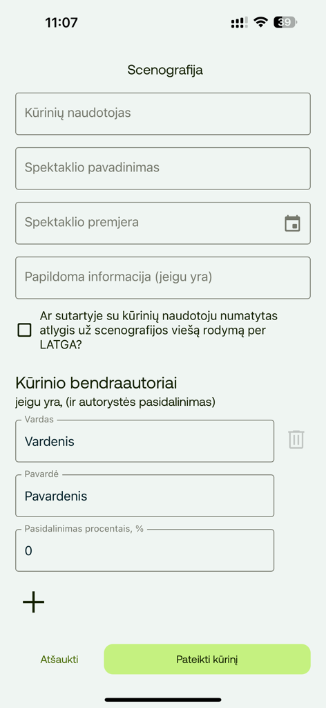 Mobile app interface showing a registration form for scenography works including performance details and co-author sections