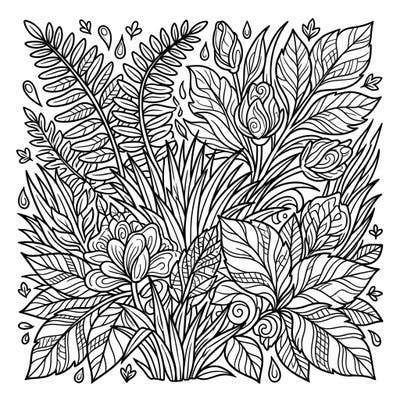 Dive into a world of natural serenity with this exquisitely detailed botanical coloring page, designed specifically for adults seeking a calming artistic challenge. Explore an intricate tapestry of lush leaves, ferns, and delicate flower buds, perfect for bringing the essence of green fragrances to life with your colors.