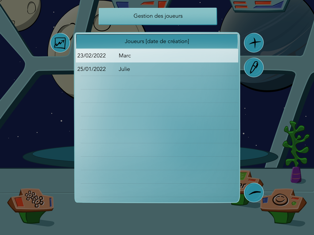 AstroLire - AstroLireアプリのプレイヤー管理画面。生徒の名前と登録日が表示されます。