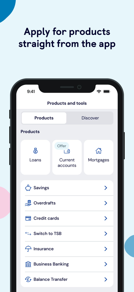TSB Mobile Banking - Bildschirm der TSB Mobile Banking App mit einem Menü für Finanzprodukte wie Kredite, Hypotheken und Sparguthaben, die direkt in der App beantragt werden können