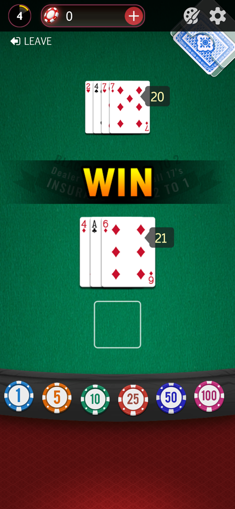 Blackjack 21: Casino Game - Gameplay-Screenshot von Blackjack 21 zeigt eine gewinnende Hand von einundzwanzig gegen den Dealer