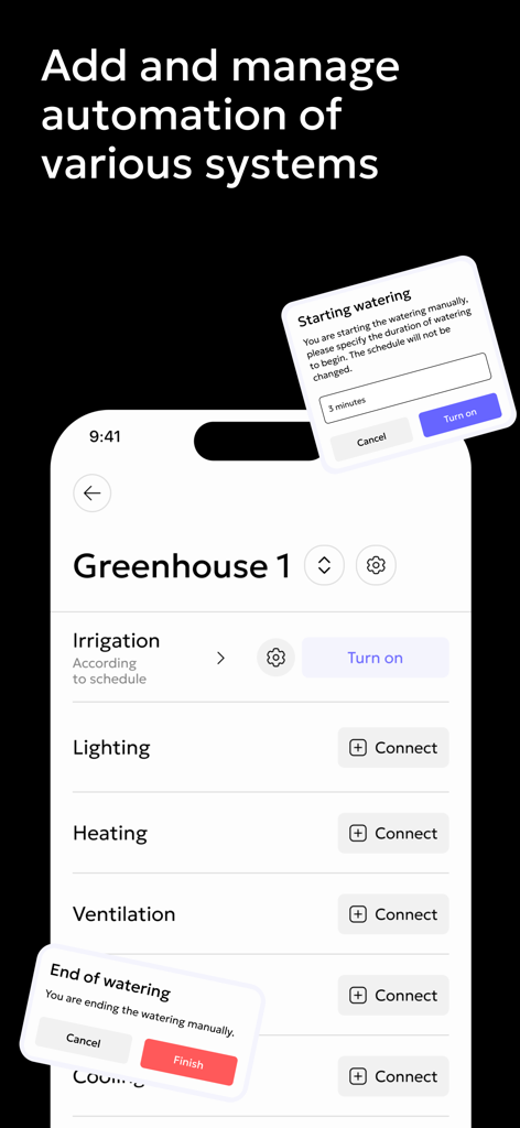 Gros.farm - Interfaz de la aplicación móvil para gestionar sistemas de automatización de invernaderos como el riego y la iluminación
