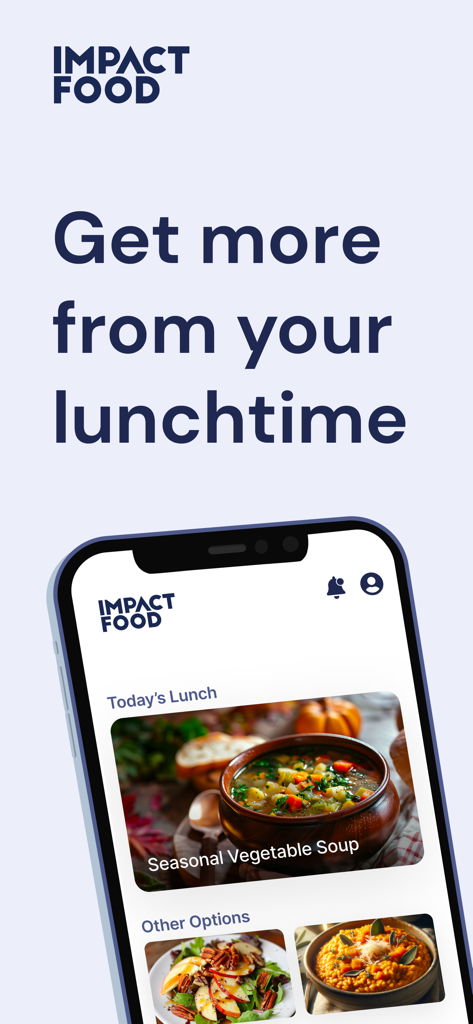 Impact Food Group mobile app displaying today's lunch menu with seasonal vegetable soup
