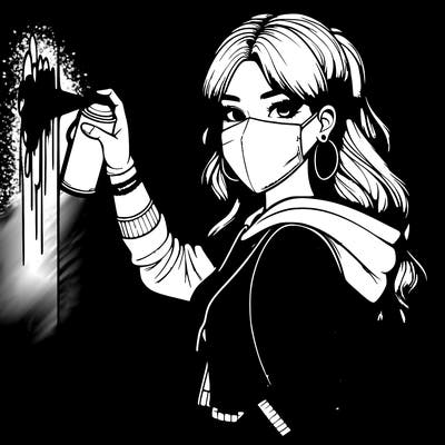 realistic girl with mask spray painting a wall