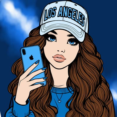 realistic beautiful girl wearing los ángeles cap holding an iphone