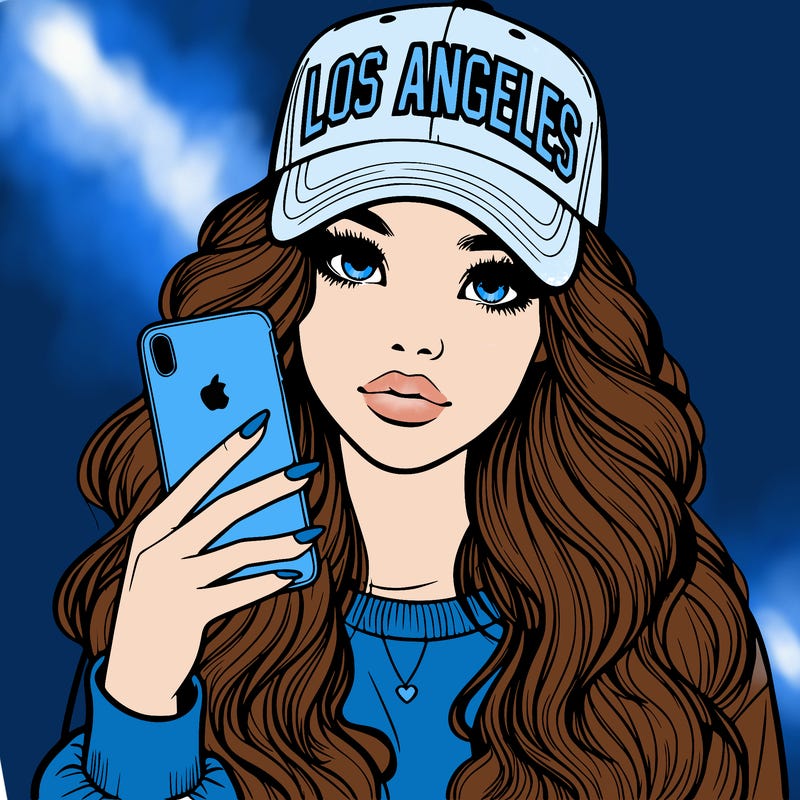 realistic beautiful girl wearing los ángeles cap holding an iphone