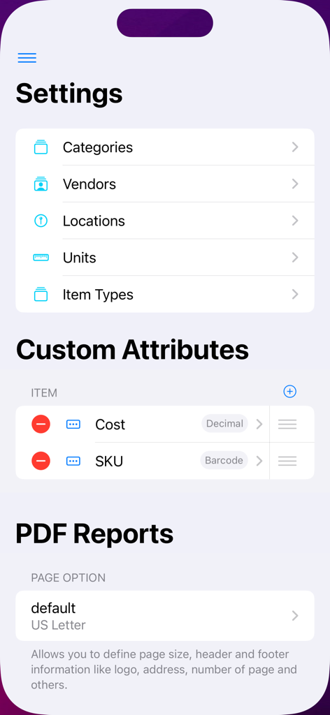 Invoice Center - Get Paid Fast - Settings screen of Invoice Center app showing options for custom attributes and PDF reports
