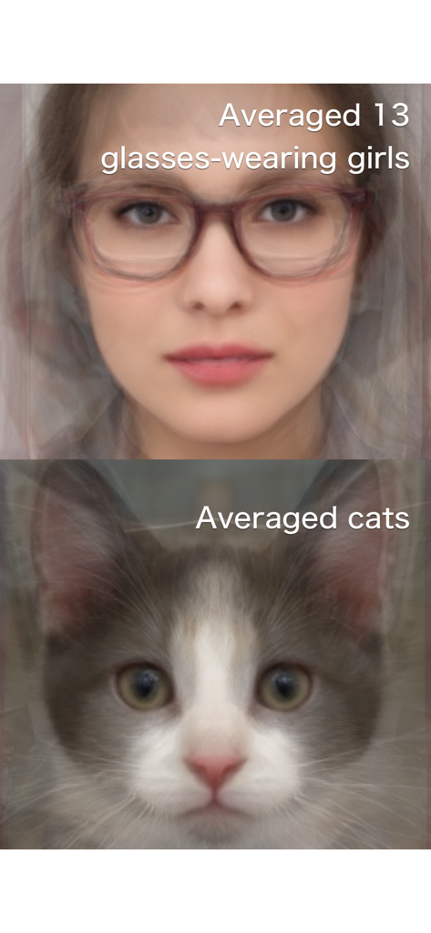 Average Face PRO - Una comparación que muestra un rostro promedio compuesto de trece chicas usando gafas y un rostro promedio compuesto de varios gatos.