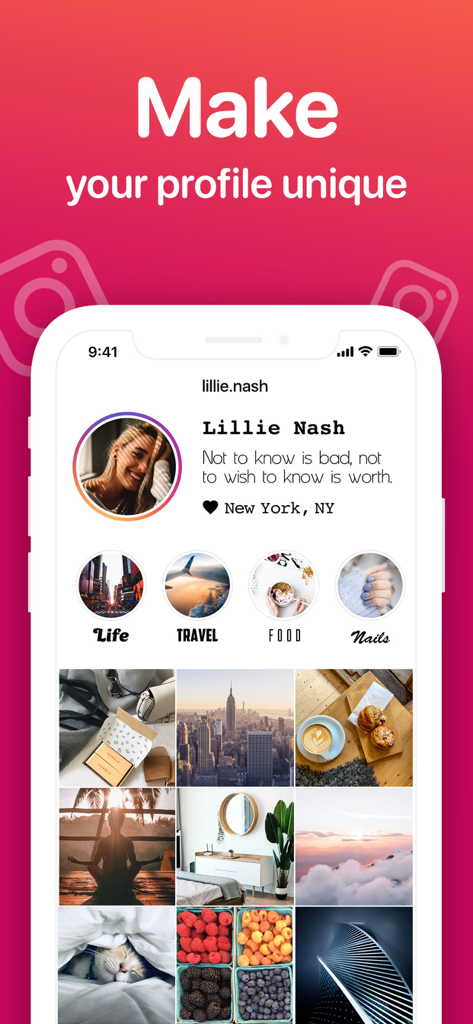 Smartphone display showing an Instagram profile with unique custom fonts for the bio and highlight covers