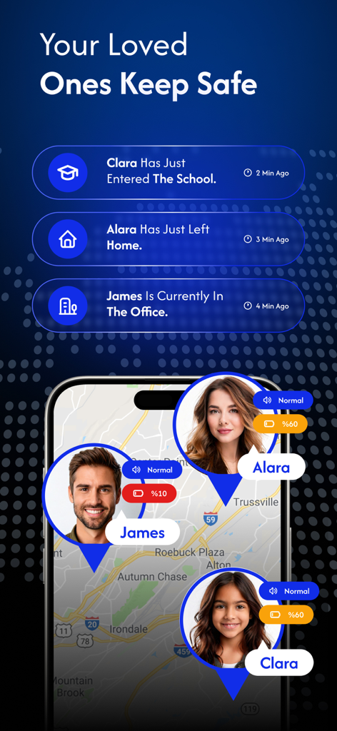 EasyGeoFinder-Location Tracker - Aplicación EasyGeoFinder mostrando notificaciones de ubicación familiar y estado de batería en un mapa